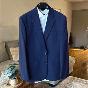 Express Men's Deep Blue suit with white button up.